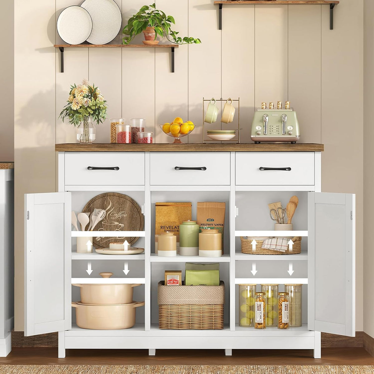 TEENFON Storage Cabinet, Coffee Bar Cabinet with 3 Drawers, 2 Adjustable Shelves & 2 Doors, Buffet Cabinet, Kitchen Cabinet for Kitchen, Dining Room, Living Room, White