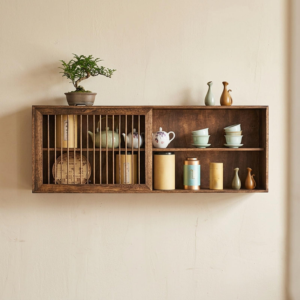 Wooden Wall Mounted Kitchen Sideboard,Shadow Box with Shelves,Multi-Slot Decor Display Case,Floating Cabinet for Living Room,Kitchen(Natural,23.6in/60cm)