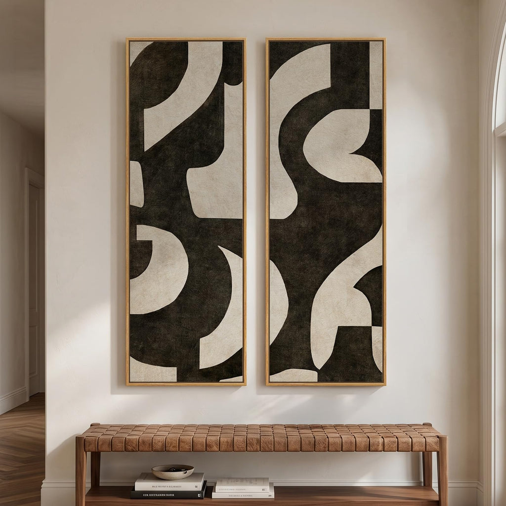 Large Framed Beige Cream Abstract Vertical Wall Art for Hallway, 2 Piece