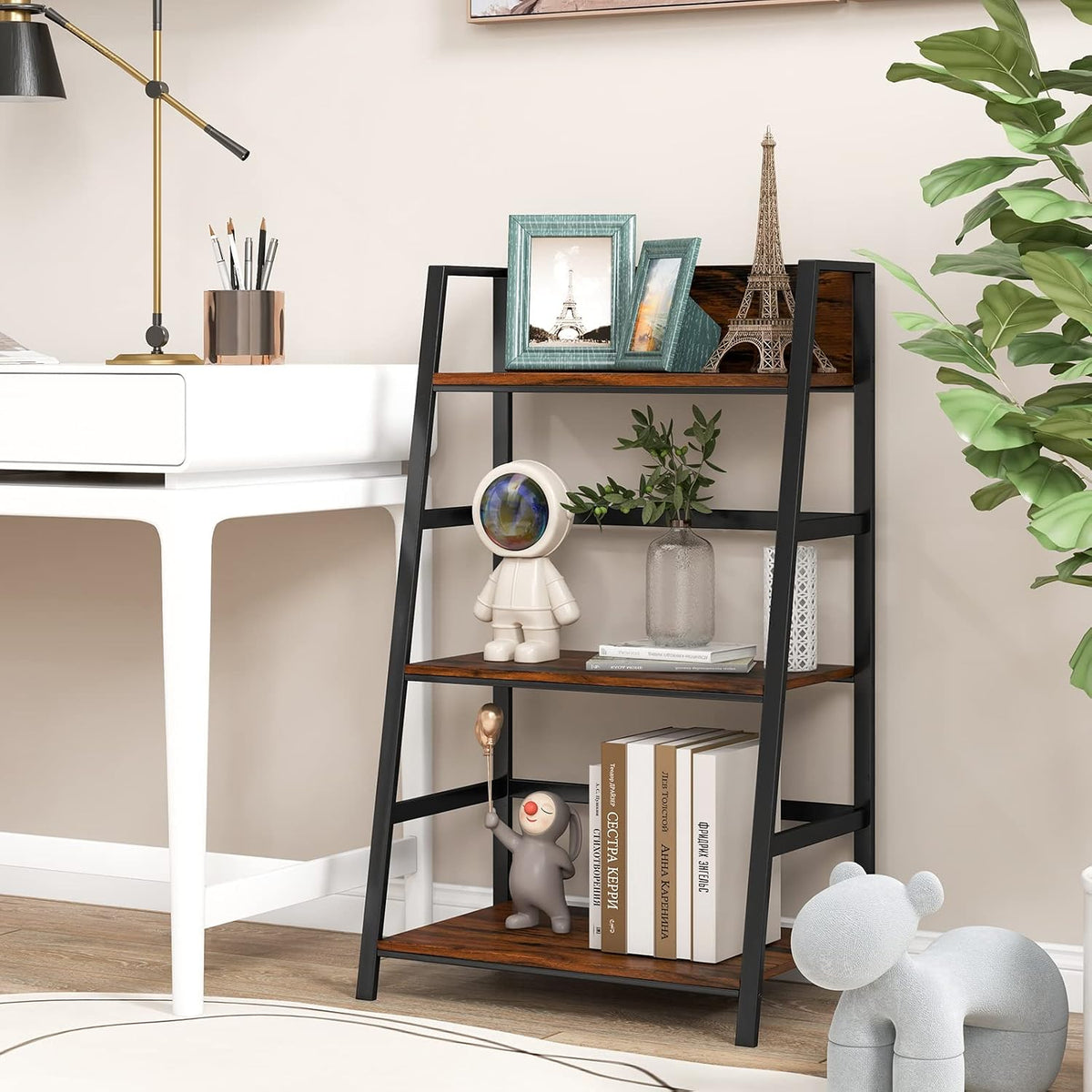 Tangkula 3-Tier Ladder Shelf, Industrial Wood Bookshelf