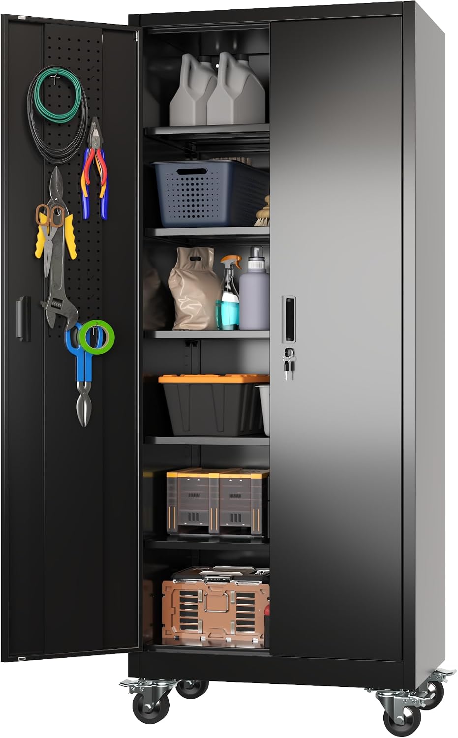 Aobabo 71" Metal Storage Cabinet with Wheels, 5 Shelves & Pegboards, Black