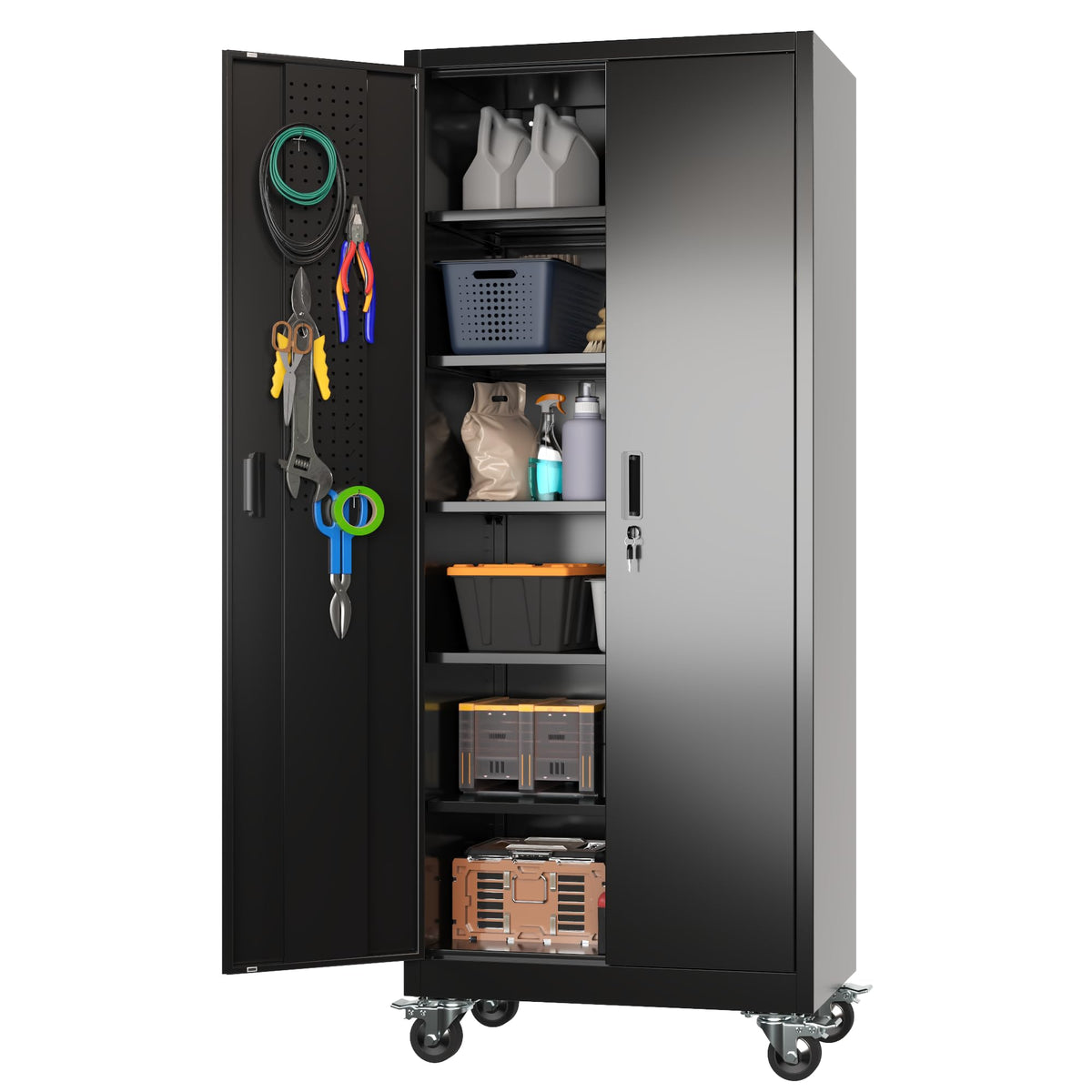 Aobabo 71" Metal Storage Cabinet with Wheels, 5 Shelves & Pegboards, Black
