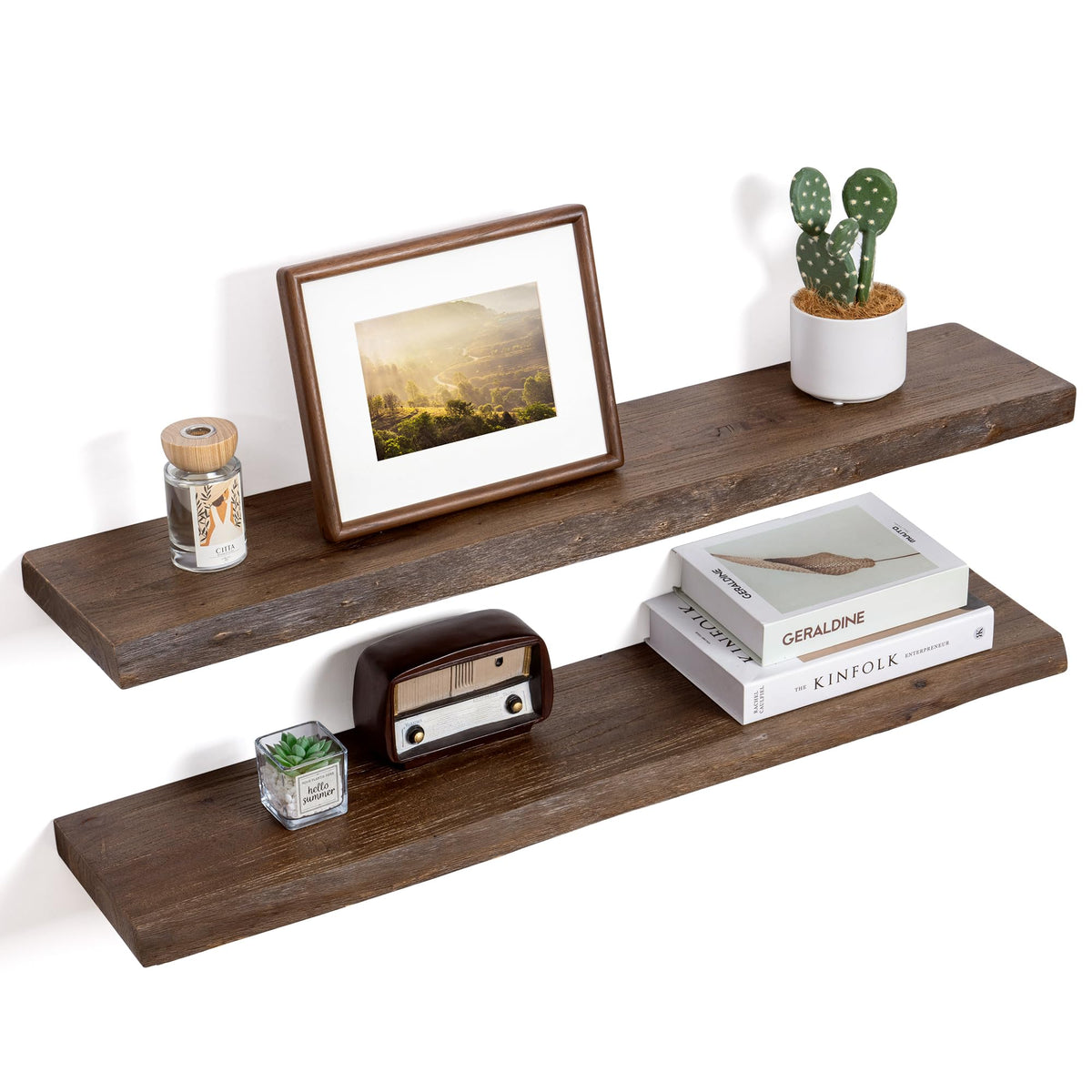 Floating Shelves for Wall, Solid Elm Wood Shelves, 24in Set of 2, Natural