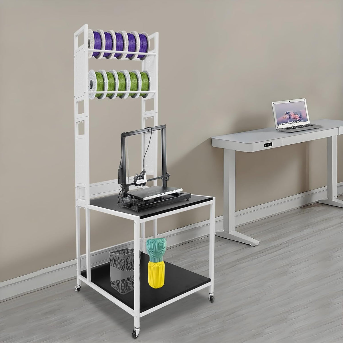 3D Printer Stand with Filament Storage Rack, 2-Tier Heavy Duty Mobile Printer Table with Wheels for Studio Office Storage and Organization