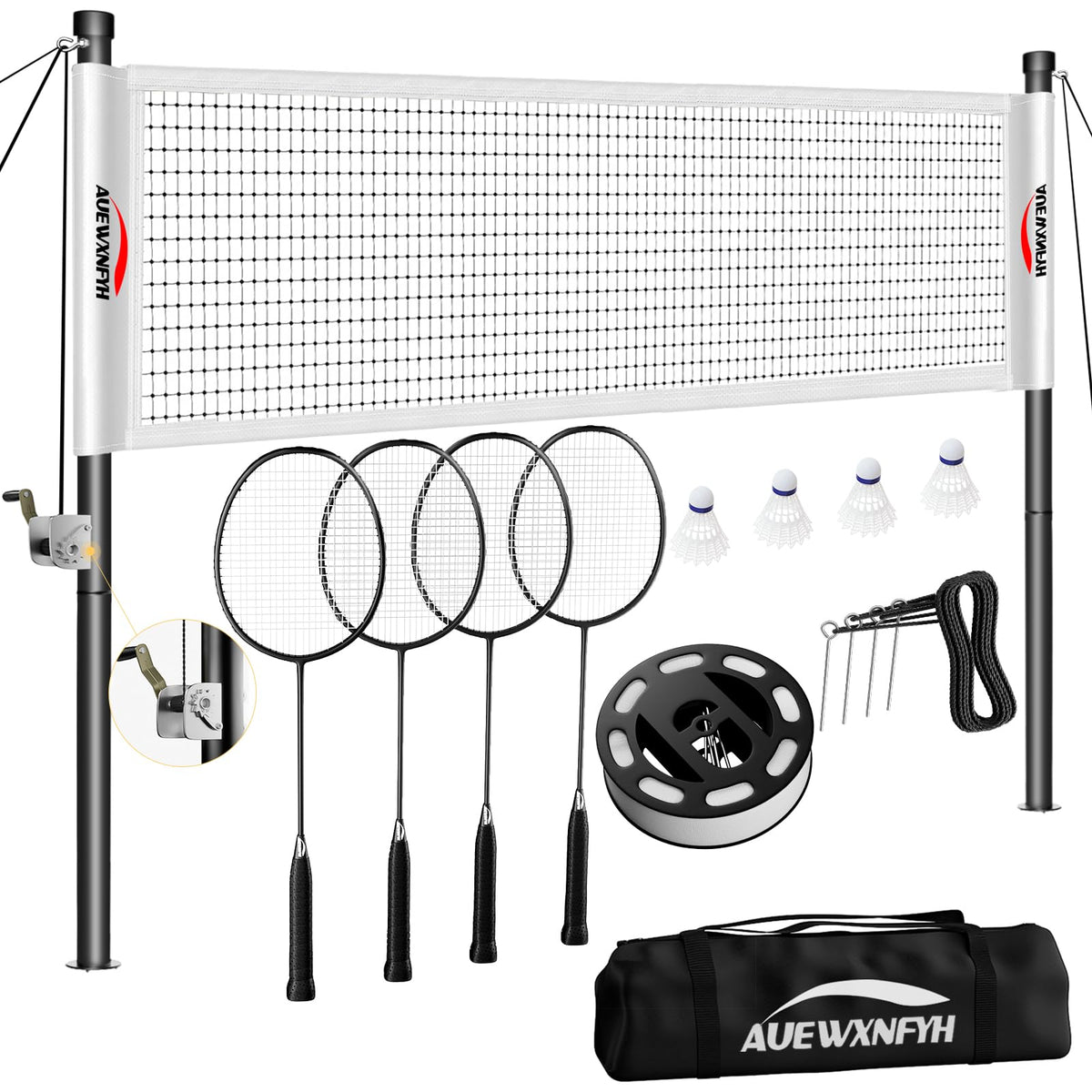Portable Badminton Set, Heavy-Duty Outdoor Net with 4 Rackets, 3 Shuttlecocks & Boundary Line for Backyard Lawn Beach Family Games