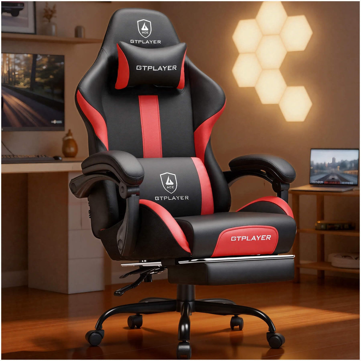 GTPLAYER Gaming Chair with Foot Rest & Pocket Spring Cushion, Ergonomic High Back Computer Desk Chair with Headrest & Lumbar Support for Back Pain Relief, Breathable Fabric, Mist-Blue