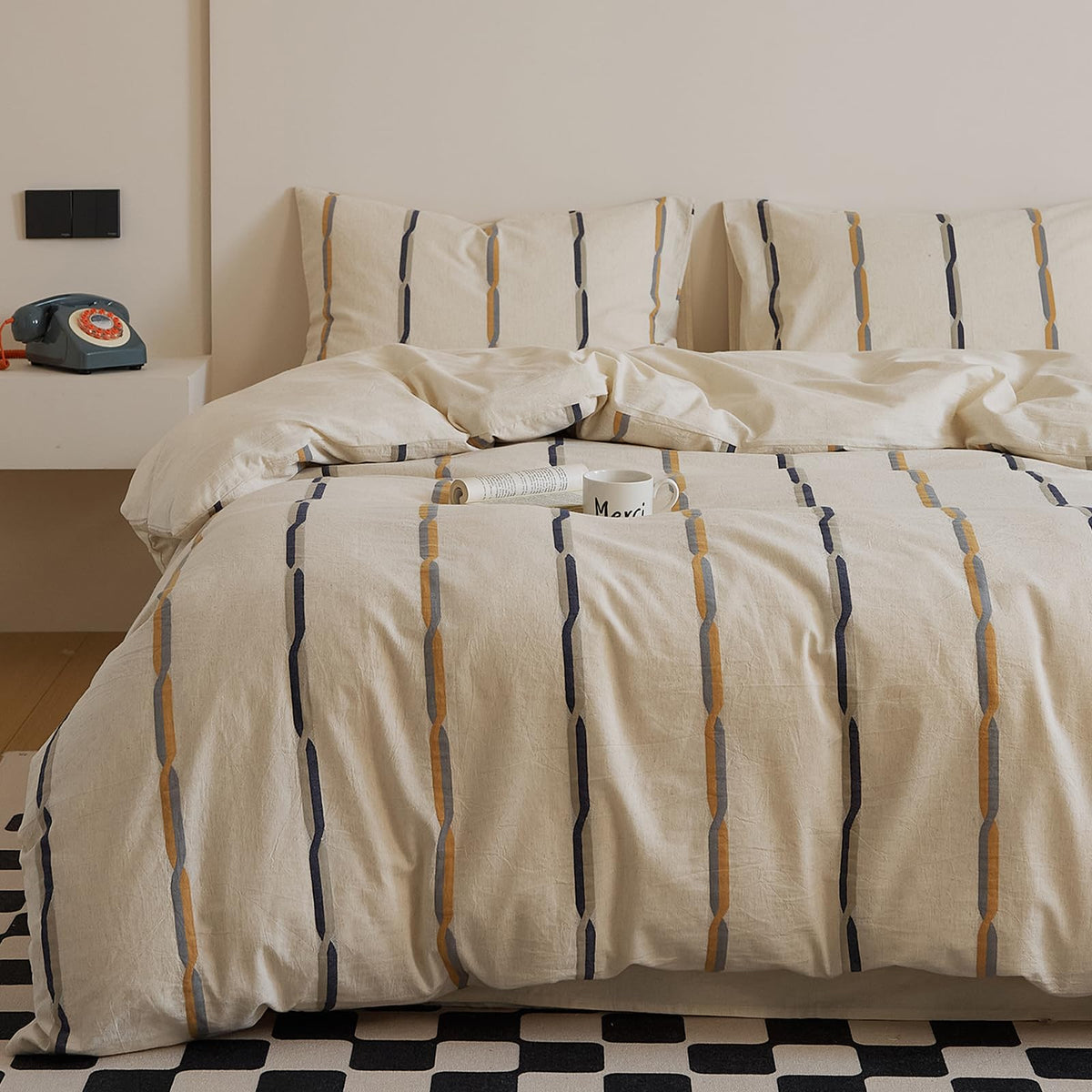 mixinni Vintage Buffalo Plaid Duvet Cover Set Queen Size - 3 Piece Washed Cotton Bedding Set with Grid Pattern, Soft & Breathable Duvet Cover with Pillowcases for All Seasons,(Brown & Blue,Beige)