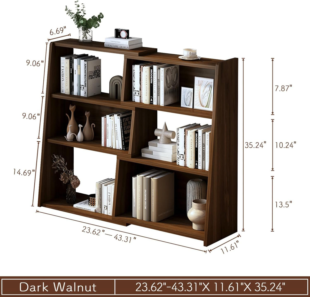 IOTXY Wooden Extendable Shelf Bookcase, 3-Tier Low Bookshelf, Walnut, S