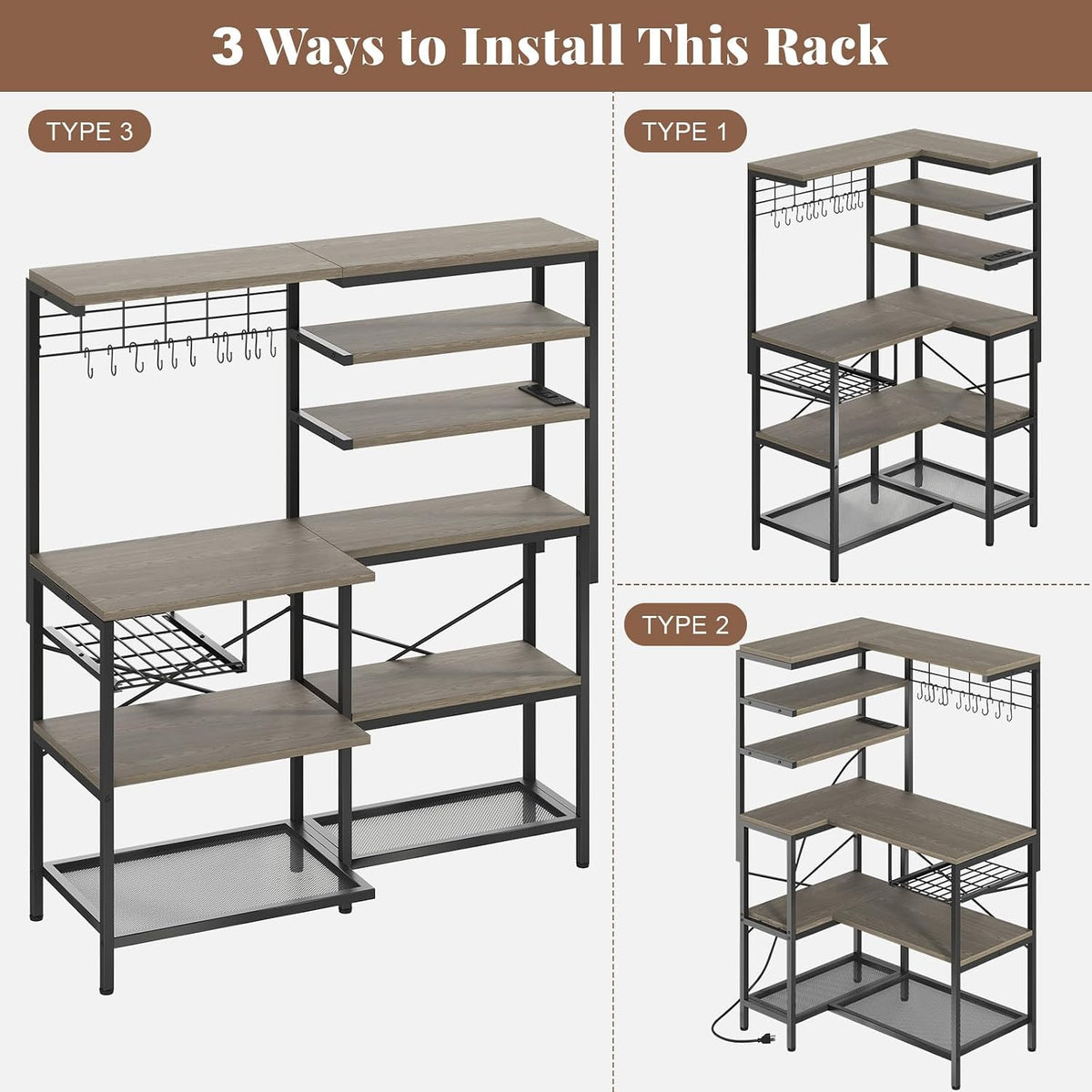 L-Shaped Bakers Rack with Power Outlets