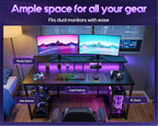 ODK 48 Inch Gaming Desk with LED Lights & Storage Shelves, Black