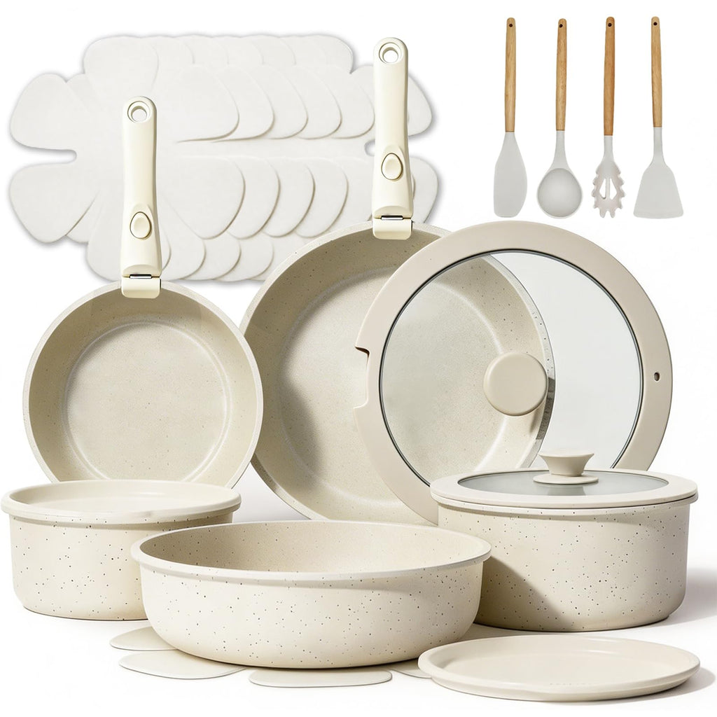 27piece Kitchen Pots And Pans Set Ceramic Home Nonstick Cookware Sets,a Heat-Resistant Glass Lid And Handles,Silicone Kitchenware Included|For Induction Cooktops Dishwasher Safe（Beige Sleek Style）