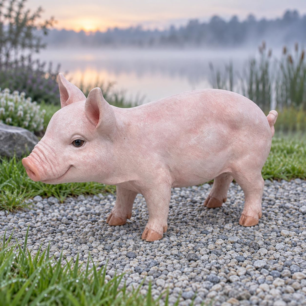 Baby Pink Pig Garden Statue with Curled Tail for Farmhouse Decor