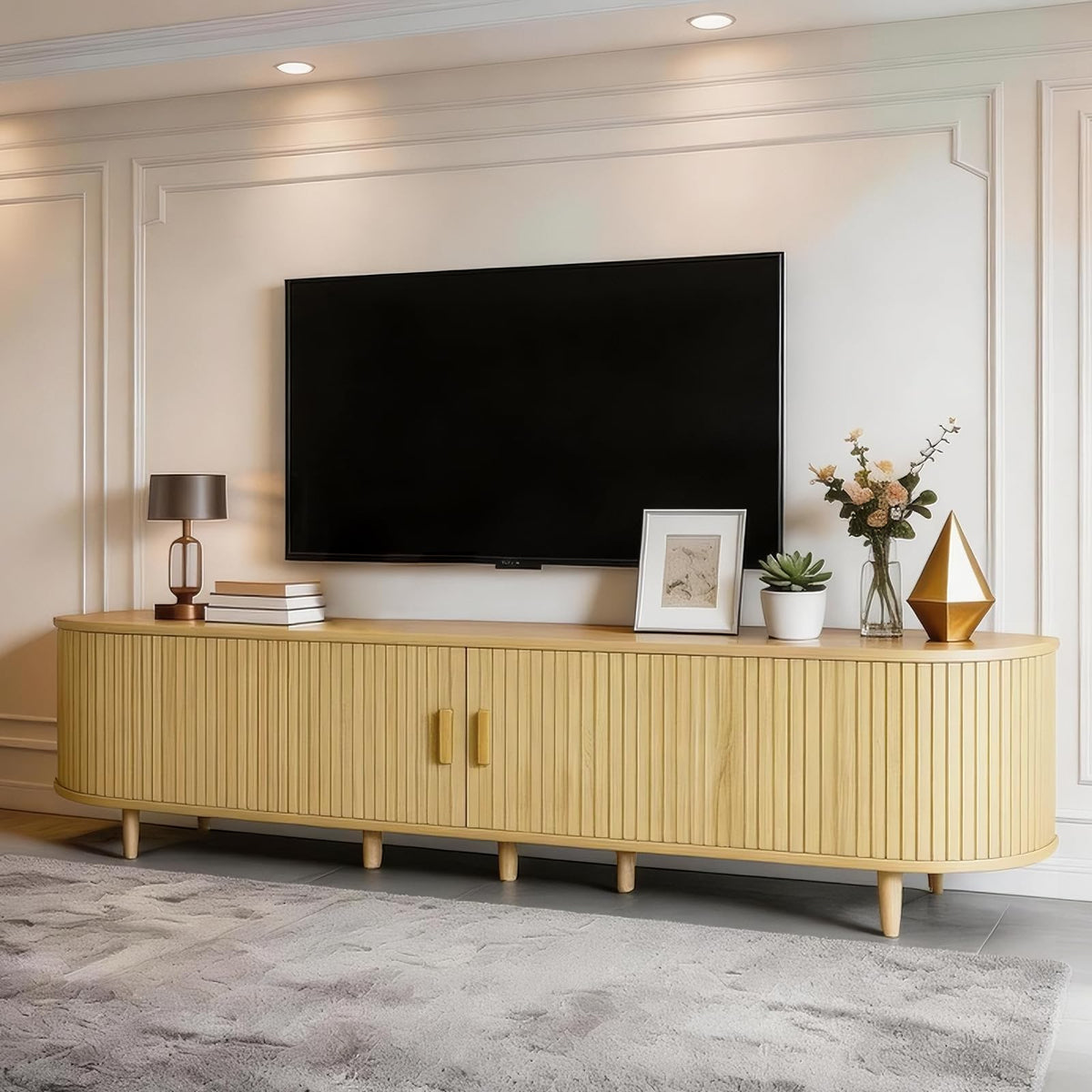 MXV 58" Mid-Century Modern TV Stand with Sliding Doors, TV Consoles with Power Outlet, Fluted Entertainment Center with Adjustable Shelves for Living Room