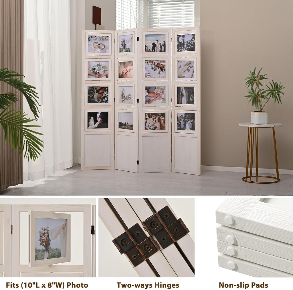 4 Panel Photo Room Divider, Folding Privacy Screen Decorative, White