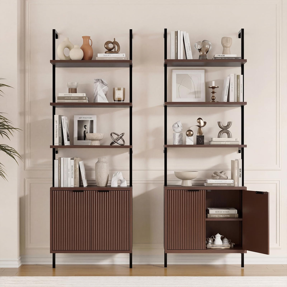 Set of 2 Ladder Shelf with Storage Cabinet,71”Wall Mounted Ladder Bookshelf