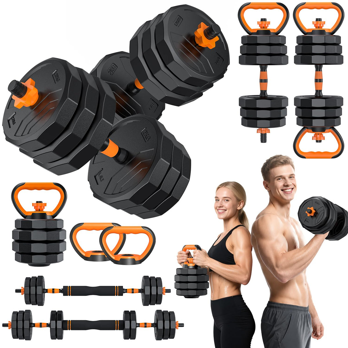 5-in-1 Adjustable Dumbbell Set, 33/44/66/88lbs Free Weights Set with Connector, Used as Kettlebells, Barbell, Push up Stand, Standard 1" Plates, Fitness Exercises for Home Gym Suitable Women/Men