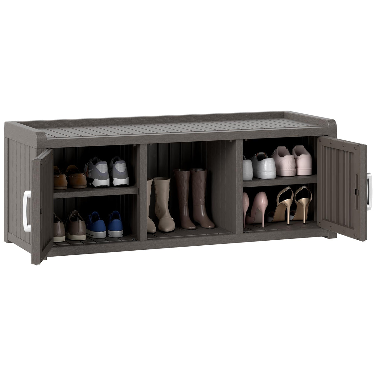 2-Tier Storage Bench, Waterproof UV-Resistant Outdoor Shoe Storage Cabinet with 2 Doors & Adjustable Shelves for Indoor Outdoor Entryway, Hallway, Living Room(Black)