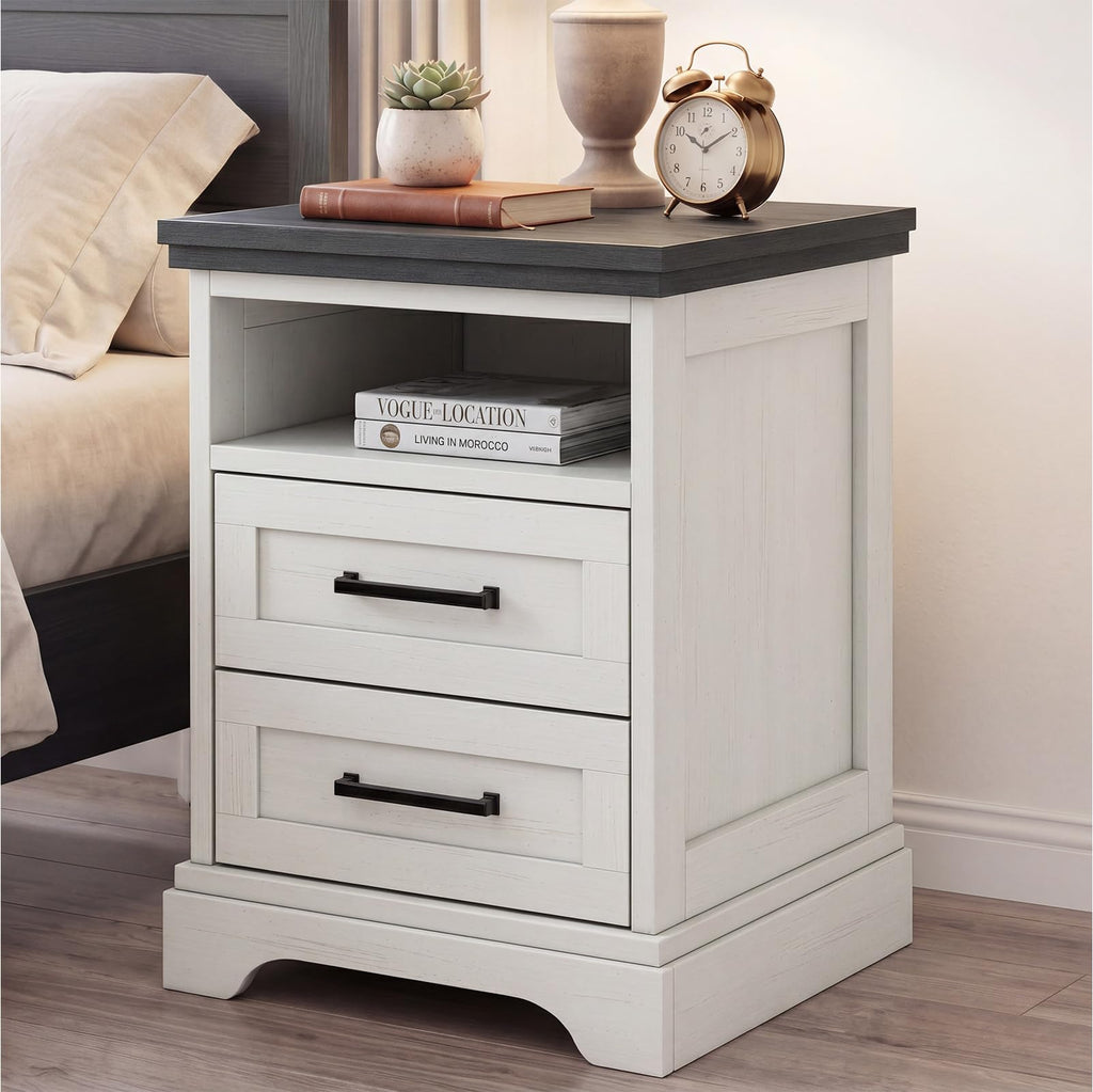 DUMOS Farmhouse Nightstand with Built-in Charging Station & USB Ports