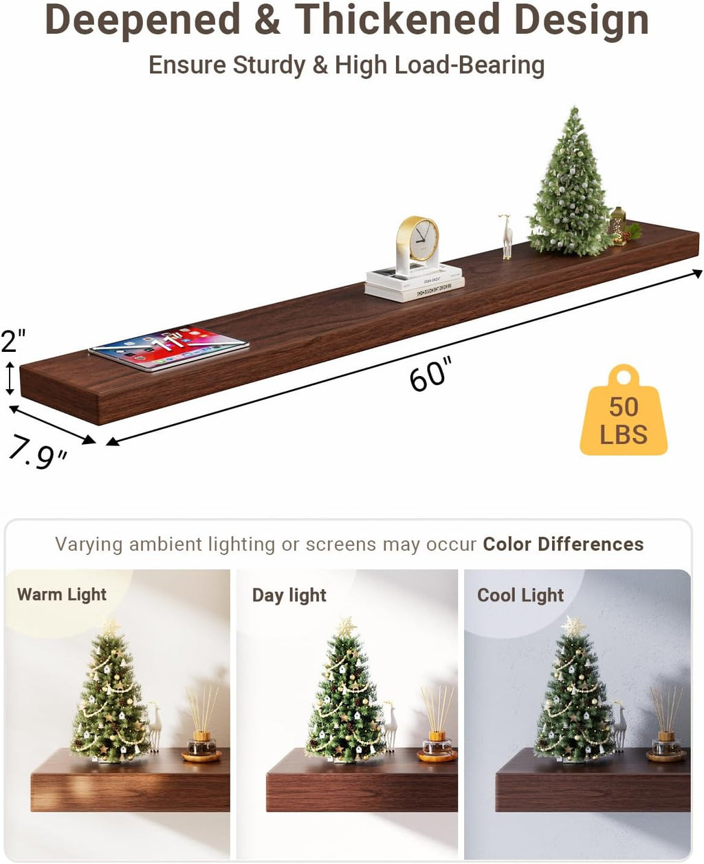 60 inch Long Walnut Floating Shelf for Wall, 8" D Fireplace Mantel