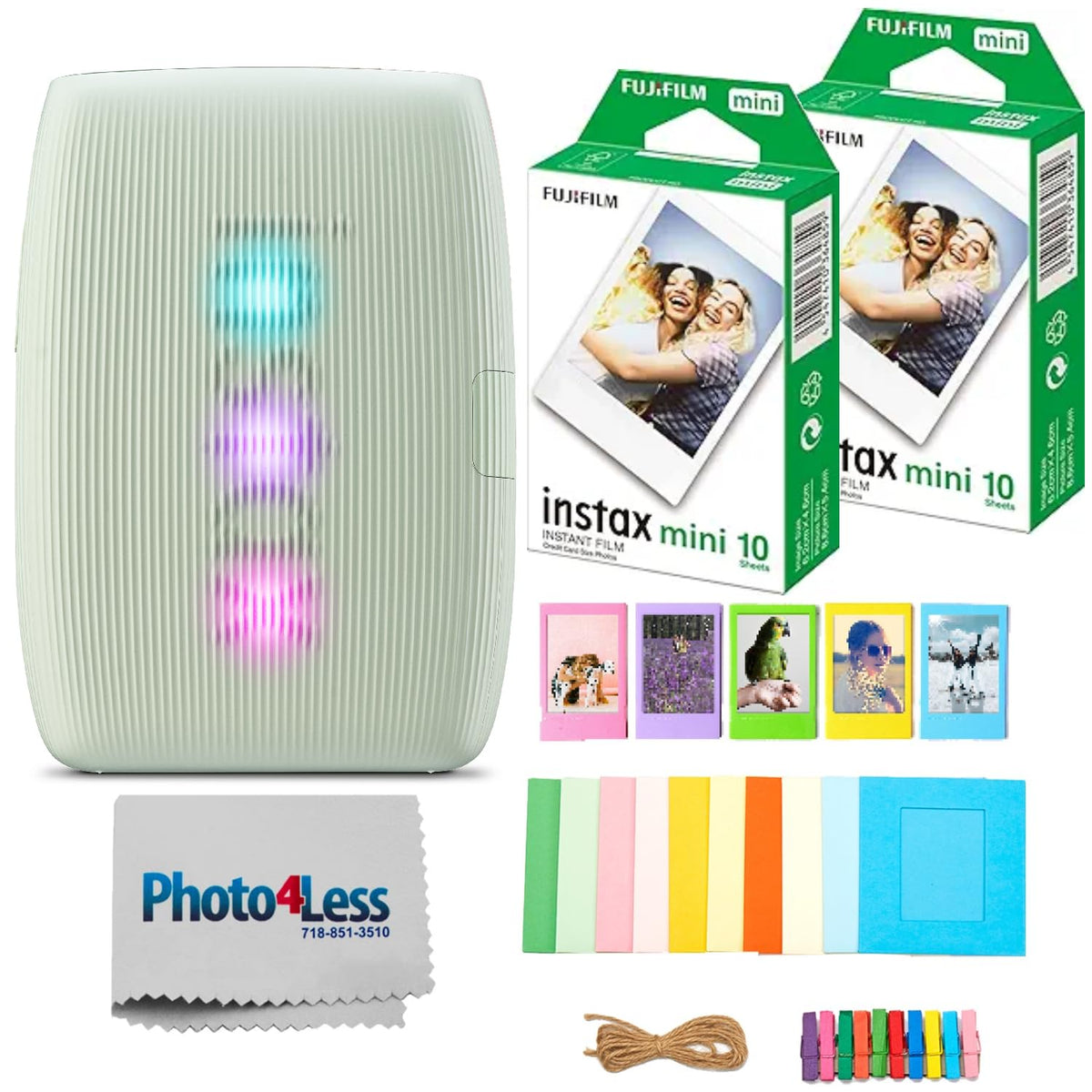 FUJIFILM Instax Mini Link 3 Smartphone Printer Bundle with Fujifilm Instant Mini Film (20 Sheets), Hanging Photo Frames, Table top Photo Frame for Mini Film (Sage Green)