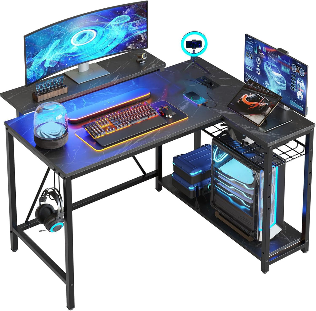 Bestier 42-Inch L-Shaped Computer Desk with Charging & LED, Black