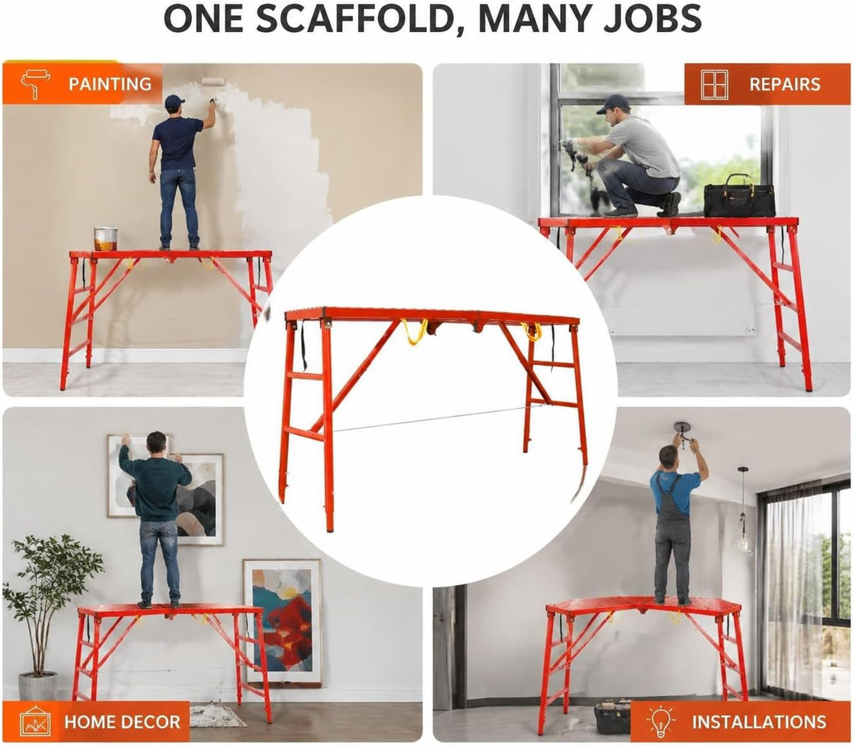 Scaffolding Platform Ladder 74” x 20” x 60”, 888LBS Heavy-Duty Steel, 5-Level Adjustable Anti-Slip Portable Scaffolding Platform, Foldable Scaffolding Work Platform for Warehouse Use