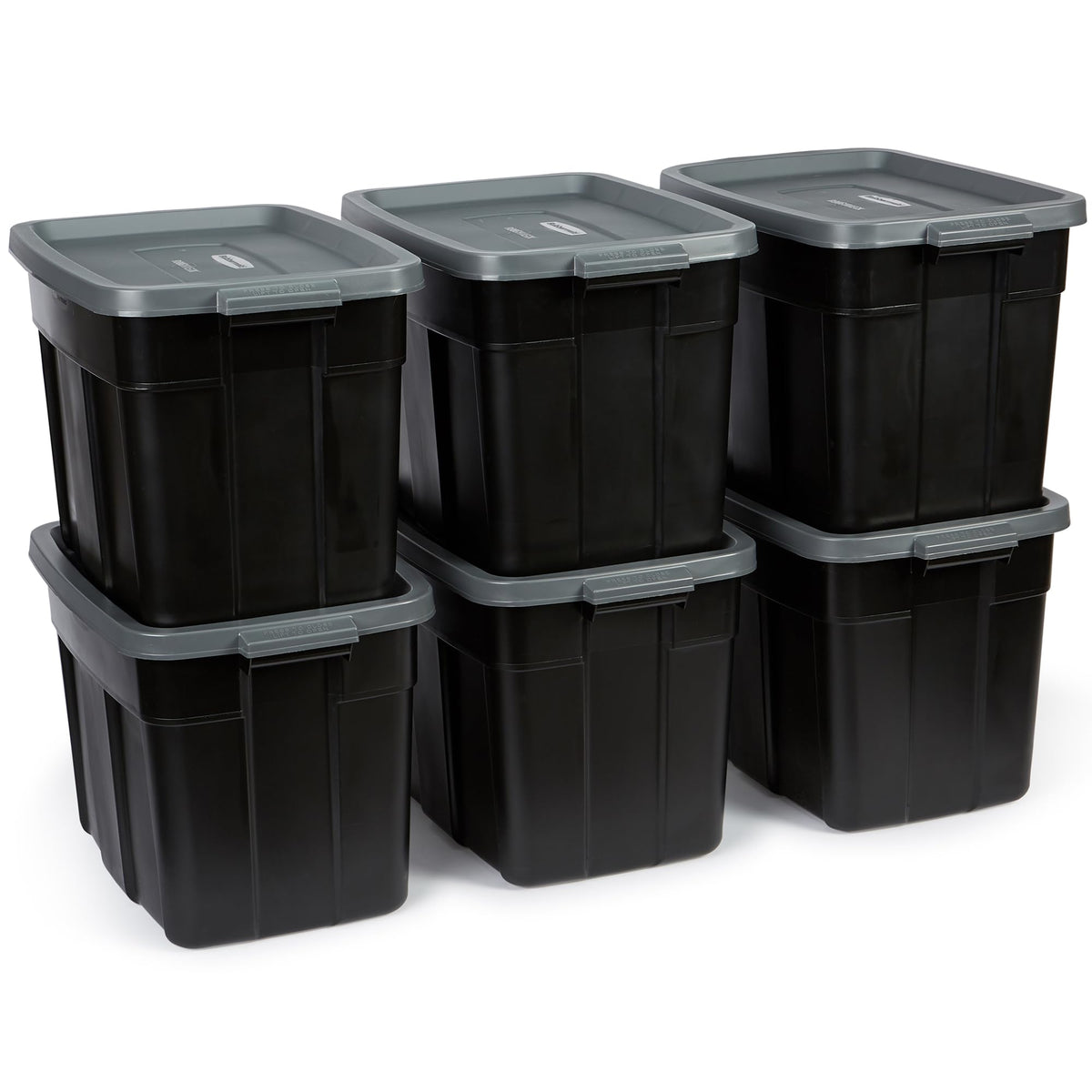 Rubbermaid 6-Pack Totes for Storage with Lids, Heavy Duty Plastic Storage Bins with Lids, Black Gray, 10 GAL - Stackable for Garage, Attic, Camping (10 GAL - 6 Pack Solid Black and Grey)