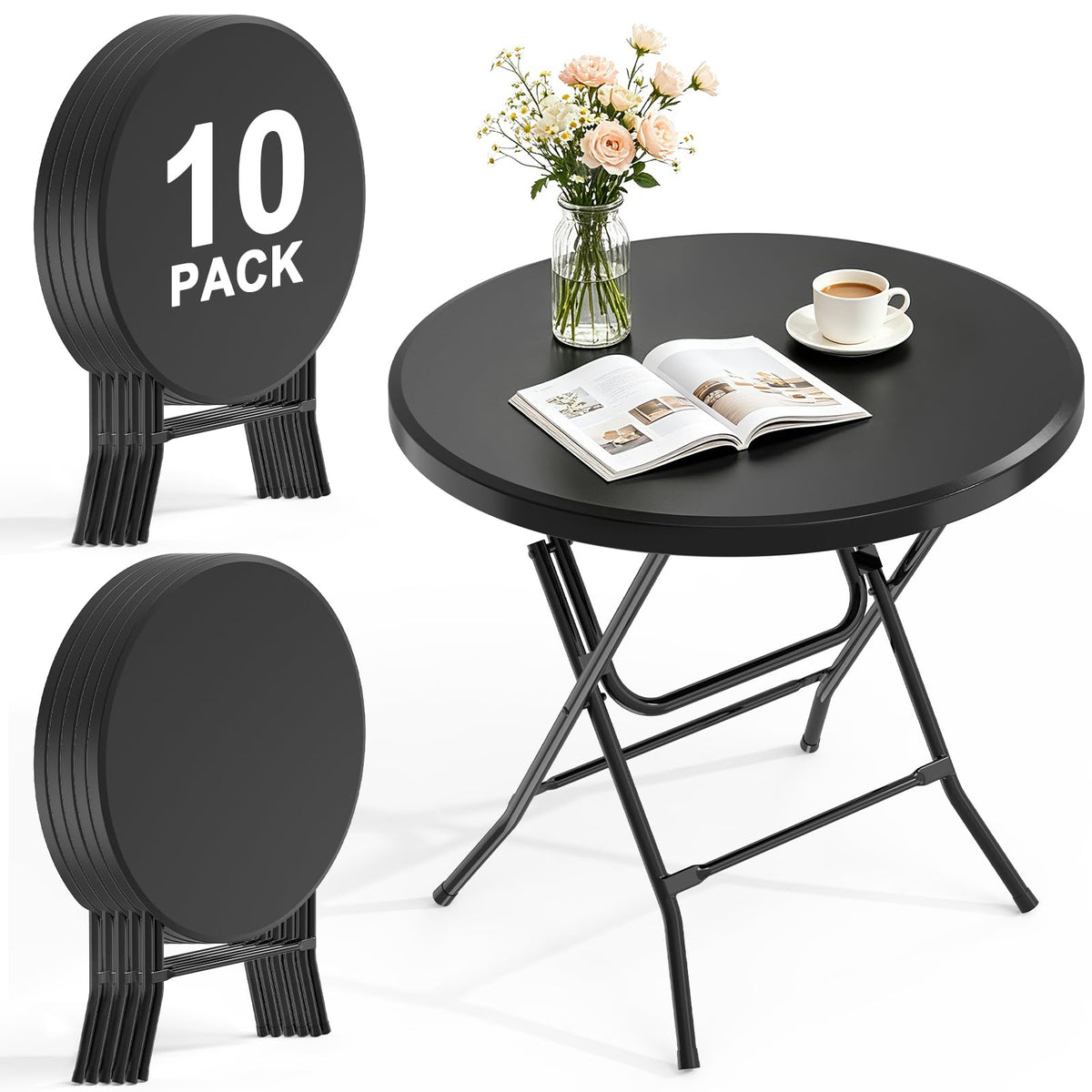 24" Round Folding Table, Plastic Bar Height Tables for Parties Black