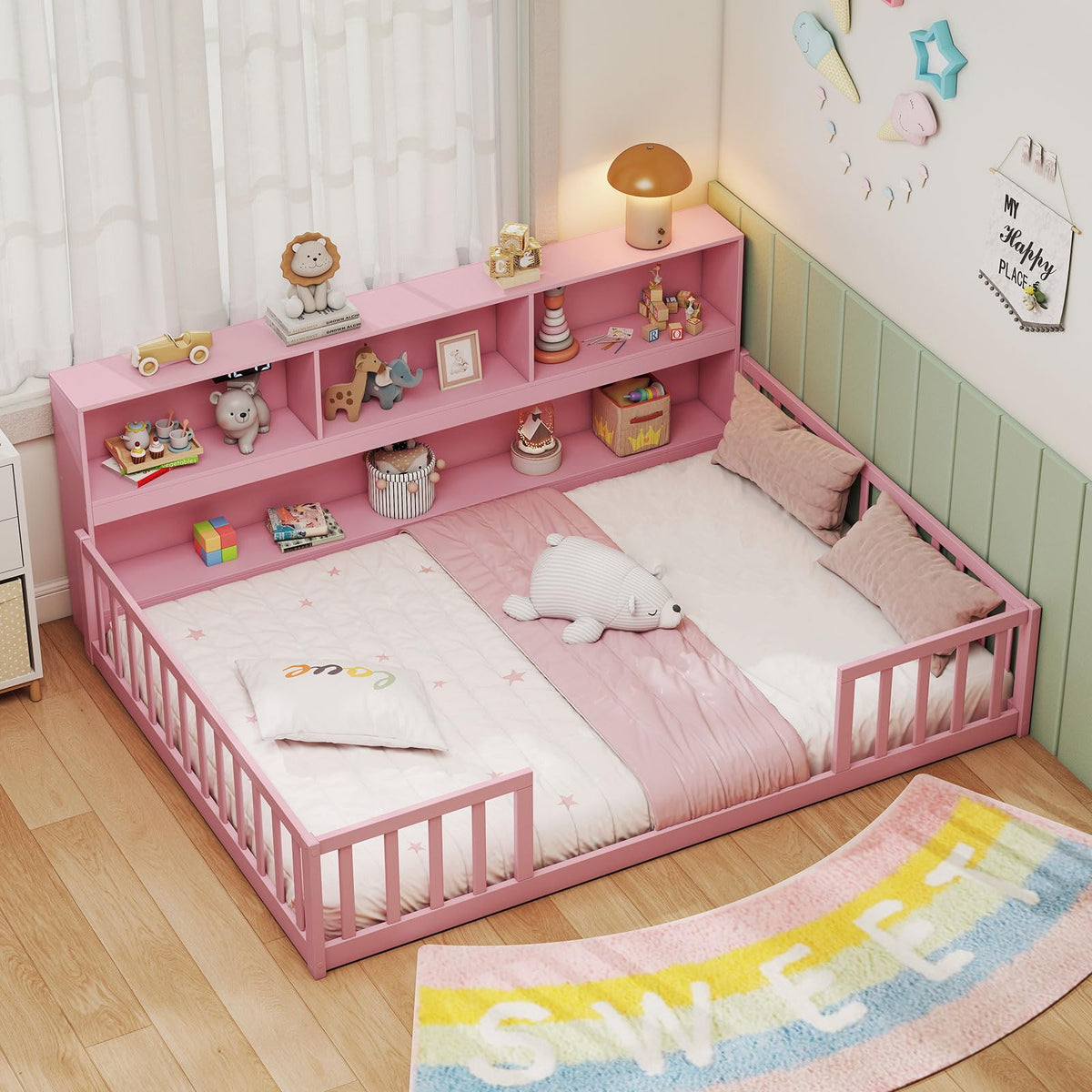 GIANTEX Full Size Floor Bed for Kids, Wooden Montessori Bed Frame with Bookcase, Storage Shelves & Safety Fence Rails, Floor Beds Full for Girls, Boys, No Box Spring Needed, Without Slats, White