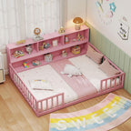 GIANTEX Twin Floor Bed with Fence for Kids, Wooden Montessori Bed Frame with Lockable Door & Guardrails, Low Floor Beds for Kids, Boys, Girls, No Box Spring Needed, Without Wood Slats, White