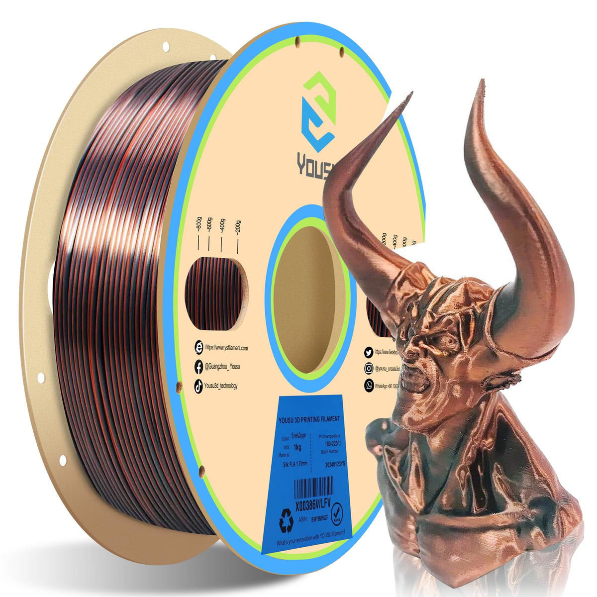 YOUSU 3D Printer Filament Silk PLA Filament Rainbow Color,1.75mm Tri Color PLA Filament 6kg Pack,1kg Spool.