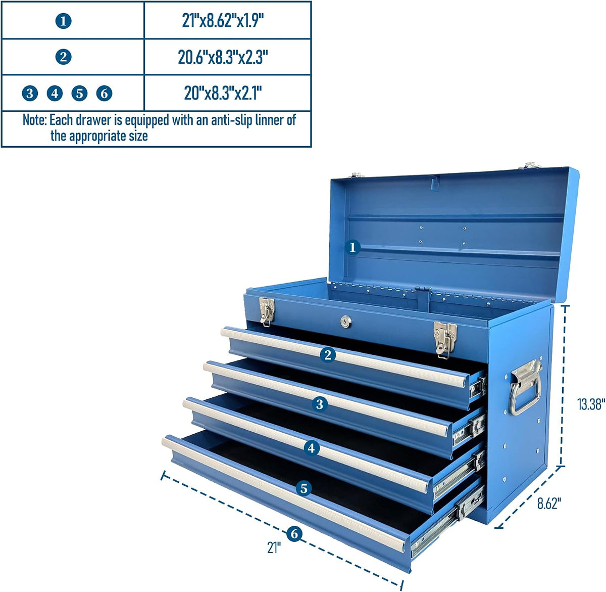 4 Drawers Metal Tool Box, 21" Portable Steel Tool Chest w/Key Lock&Latch Closure, Multi-Function Top Storage Tray Toolbox w/Powder Coating&Ball Bearing Slides (Style 1-4 Drawers - Blue)