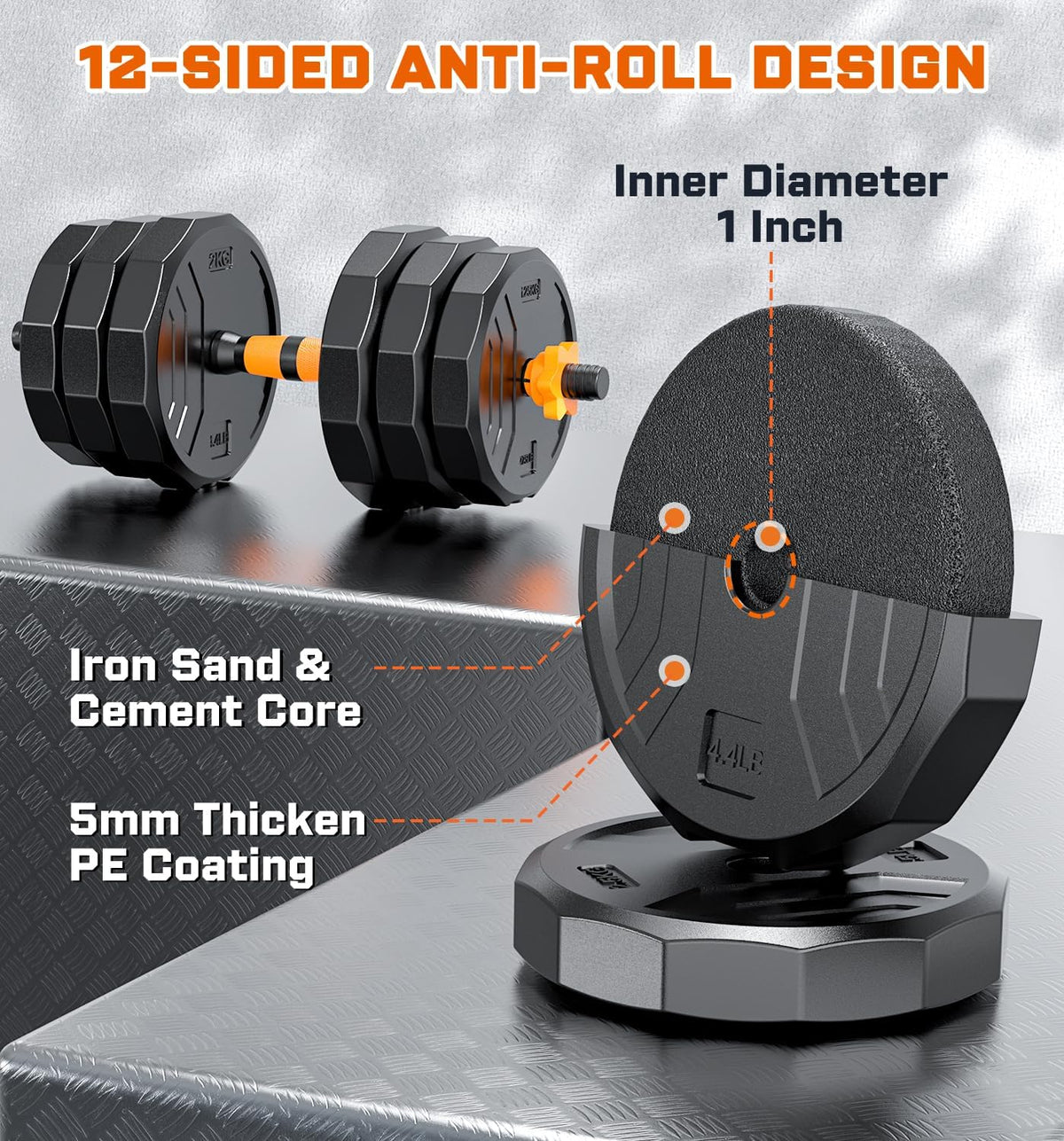 5-in-1 Adjustable Dumbbell Set, 33/44/66/88lbs Free Weights Set with Connector, Used as Kettlebells, Barbell, Push up Stand, Standard 1" Plates, Fitness Exercises for Home Gym Suitable Women/Men