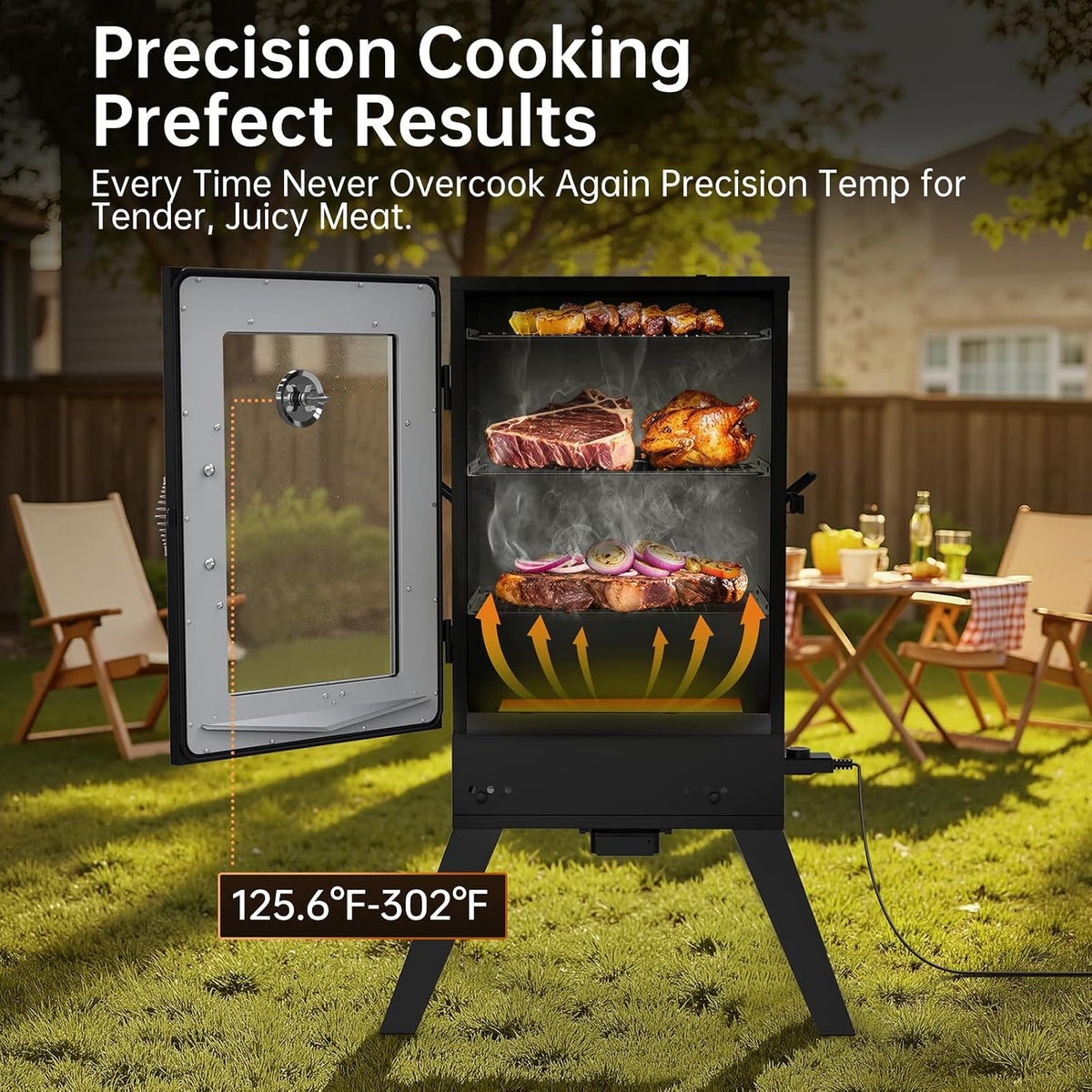 30-inch Electric Vertical BBQ Smoker with Temperature Control, 3 Cooking Grates, Water & Wood Trays, Leg Kit, 725 sq in for Outdoor Backyard, Black