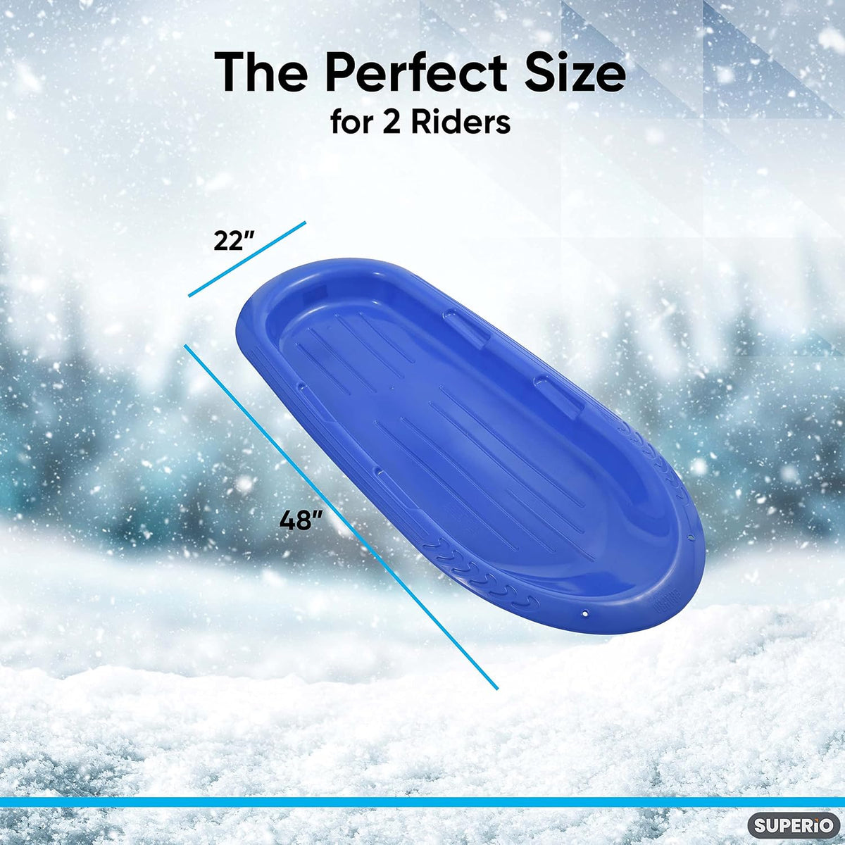 Superio Toboggan Snow Sleds for Kids and Adults, 2 Pack Heavy Duty Plastic Sliders with Handles and Hole for Pull Ropes- Kid and Adult Winter Fun