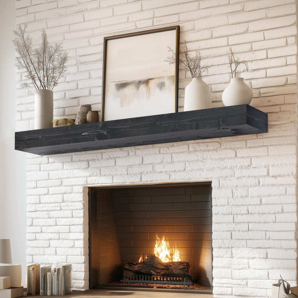 60x8x3in Rustic Fireplace Mantel Pine Wood, Weathered Brown