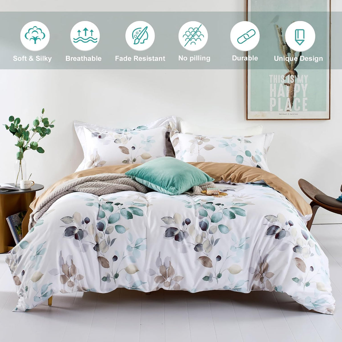 MILDLY White Floral Green Leaves Luxury Duvet Cover Set 3pcs King