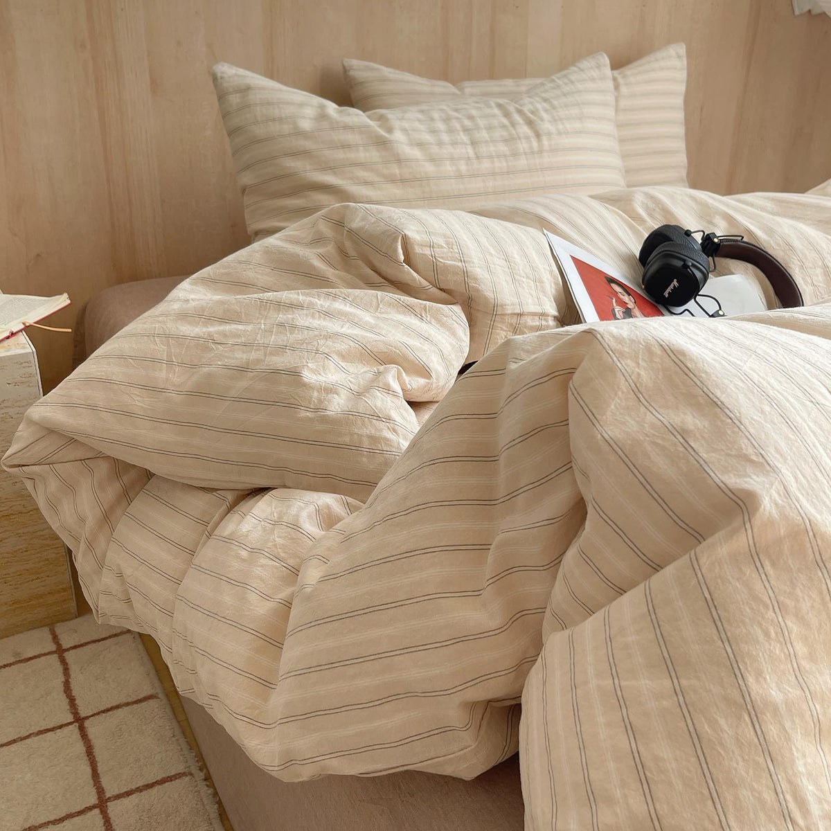 mixinni Vintage Buffalo Plaid Duvet Cover Set Queen Size - 3 Piece Washed Cotton Bedding Set with Grid Pattern, Soft & Breathable Duvet Cover with Pillowcases for All Seasons,(Brown & Blue,Beige)