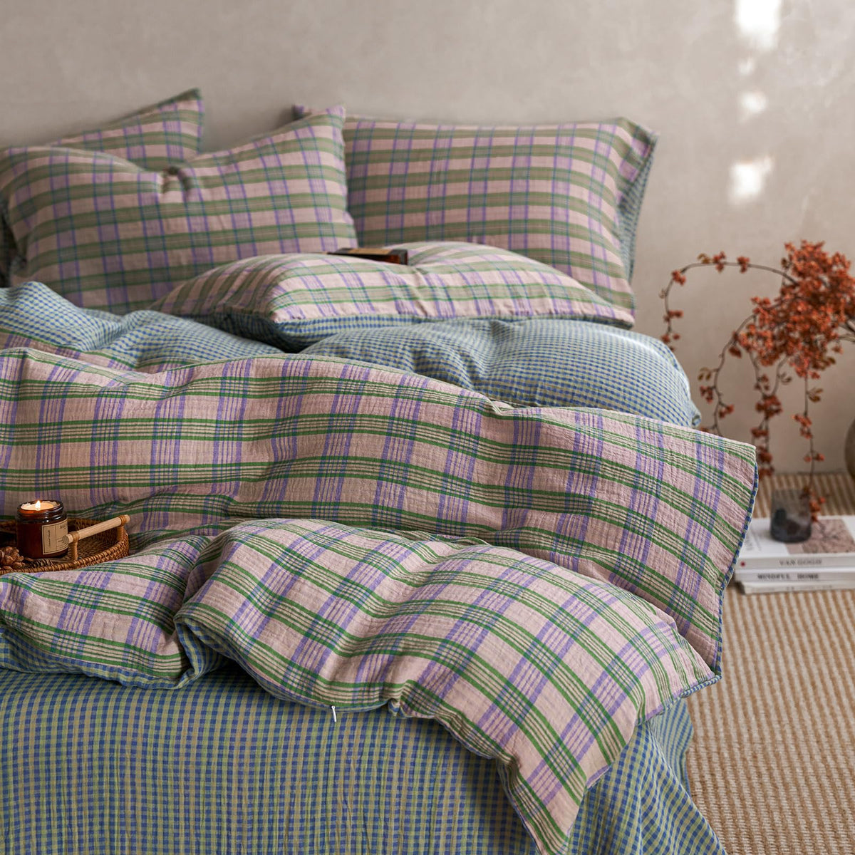 EAVD Vintage Buffalo Plaid Duvet Cover Queen Red&Black&Green Muslin Cotton