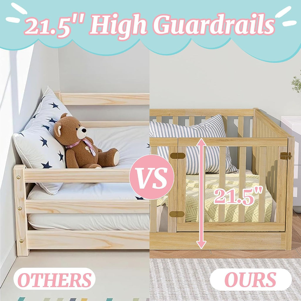 Twin Montessori Floor Bed with High Rails, Door & Slats for Kids, Natural