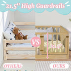 Twin Montessori Floor Bed with High Rails, Door & Slats for Kids, Natural