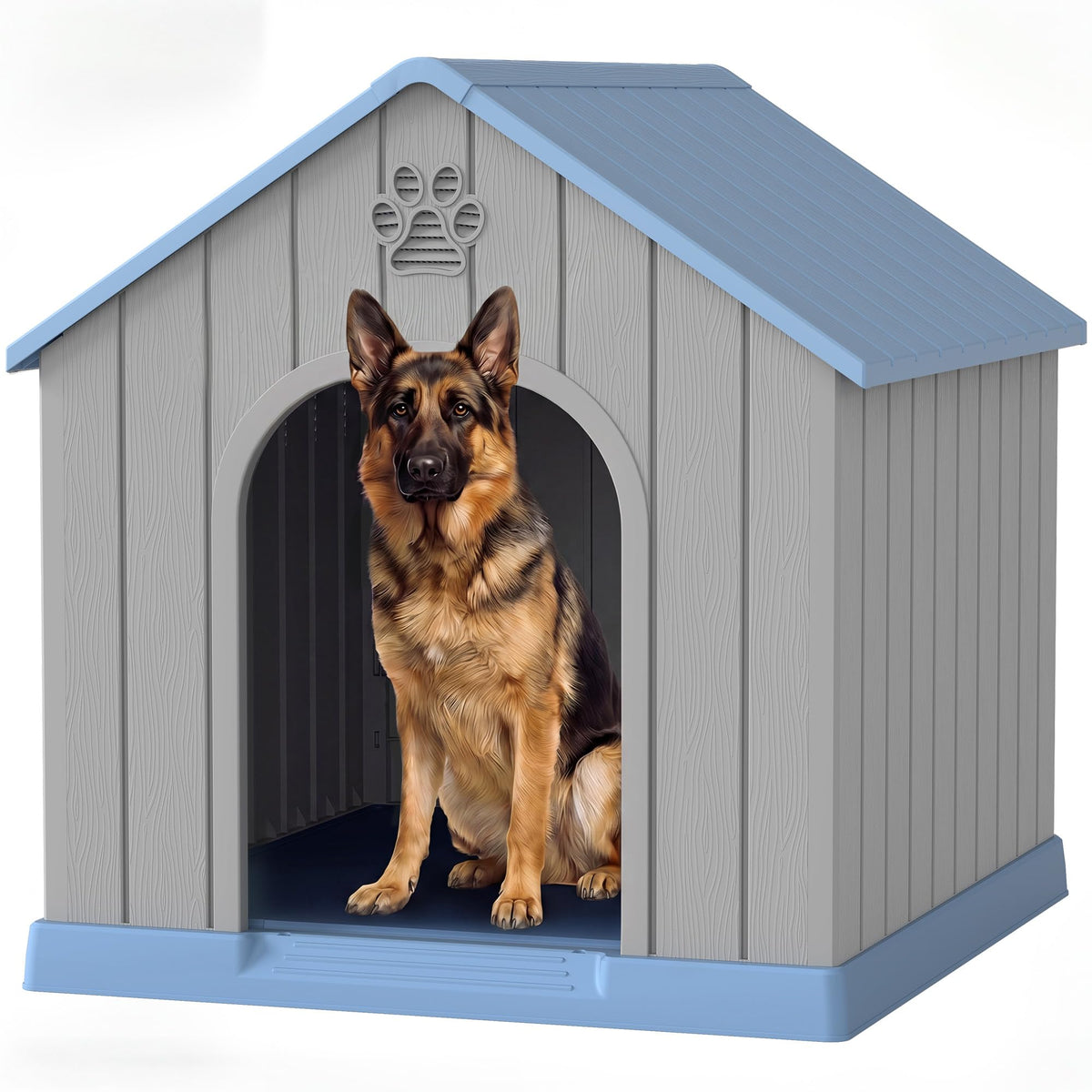 Fancyango Large Dog House Outdoor Indoor for Medium Large Dogs, Sturdy Plastic Waterproof Doghouse with Air Vents and Elevated Floor, Easy Clean and Assemble (Grey, 36.2''L×38''W×38''H)