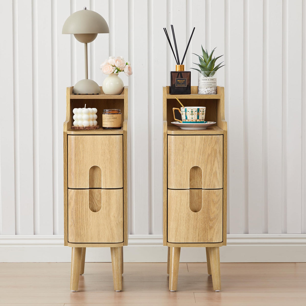 Narrow Nightstand Set of 2, Wood 2 Drawer Small Nightstand, Slim Side Table, Modern Skinny End Bedside Table, Natural Wood Night Stand with Drawers for Bedroom (Walnut-2 pcs)