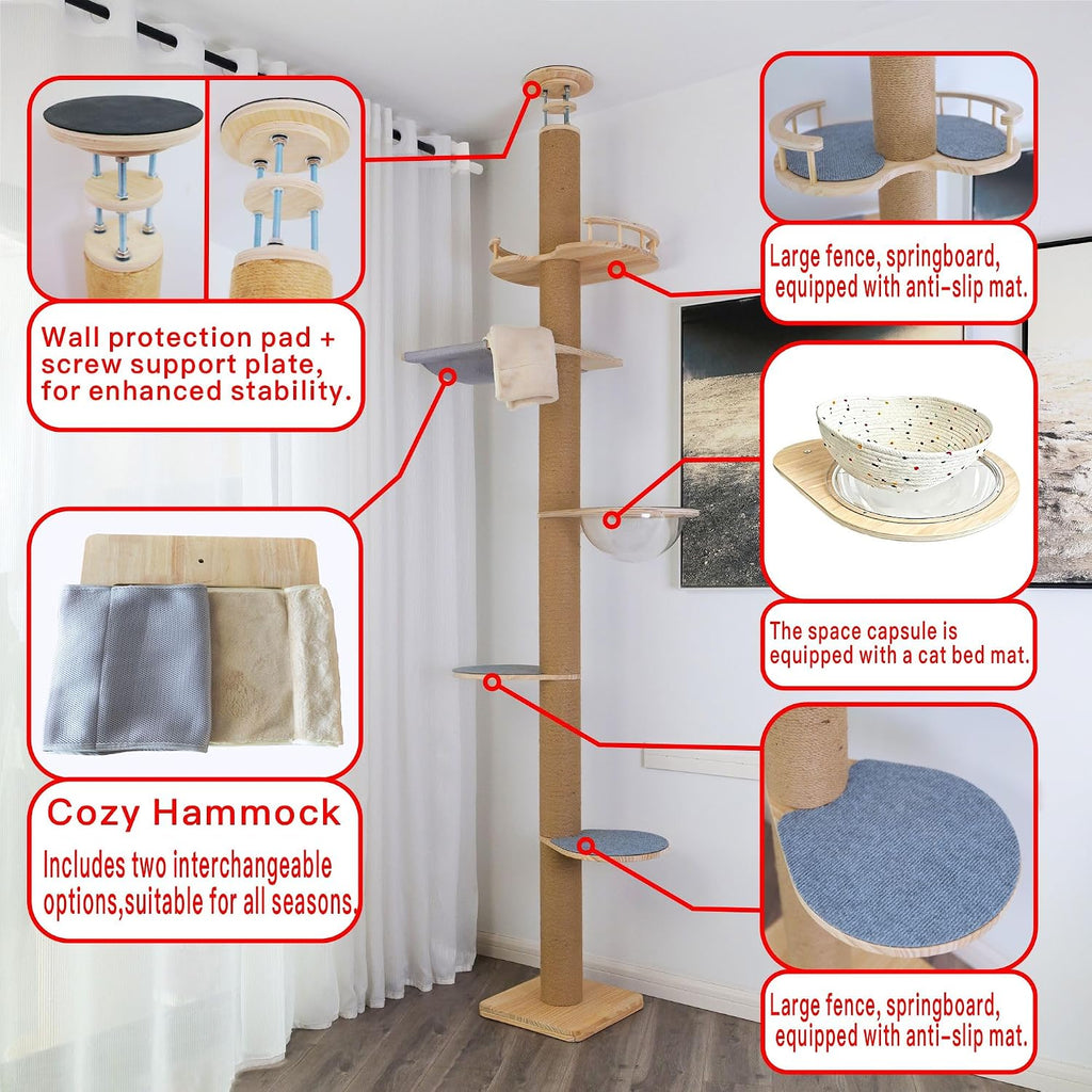 Floor to Ceiling Cat Tree Height (50-120.5in) Adjustable Cat Tower 5 Tier Hemp Scratching Post High Cat Tree Sturdy Activity Tree Indoor Outdoor Cat Scratching Post Activity Center