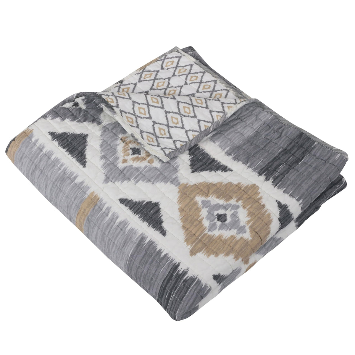 Levtex Home - Santa Fe Full/Queen Quilt - Ikat Pattern - Soft Grey, Cream, and Tan - Quilt Size (88x92in.) - Reversible - Cotton Fabric