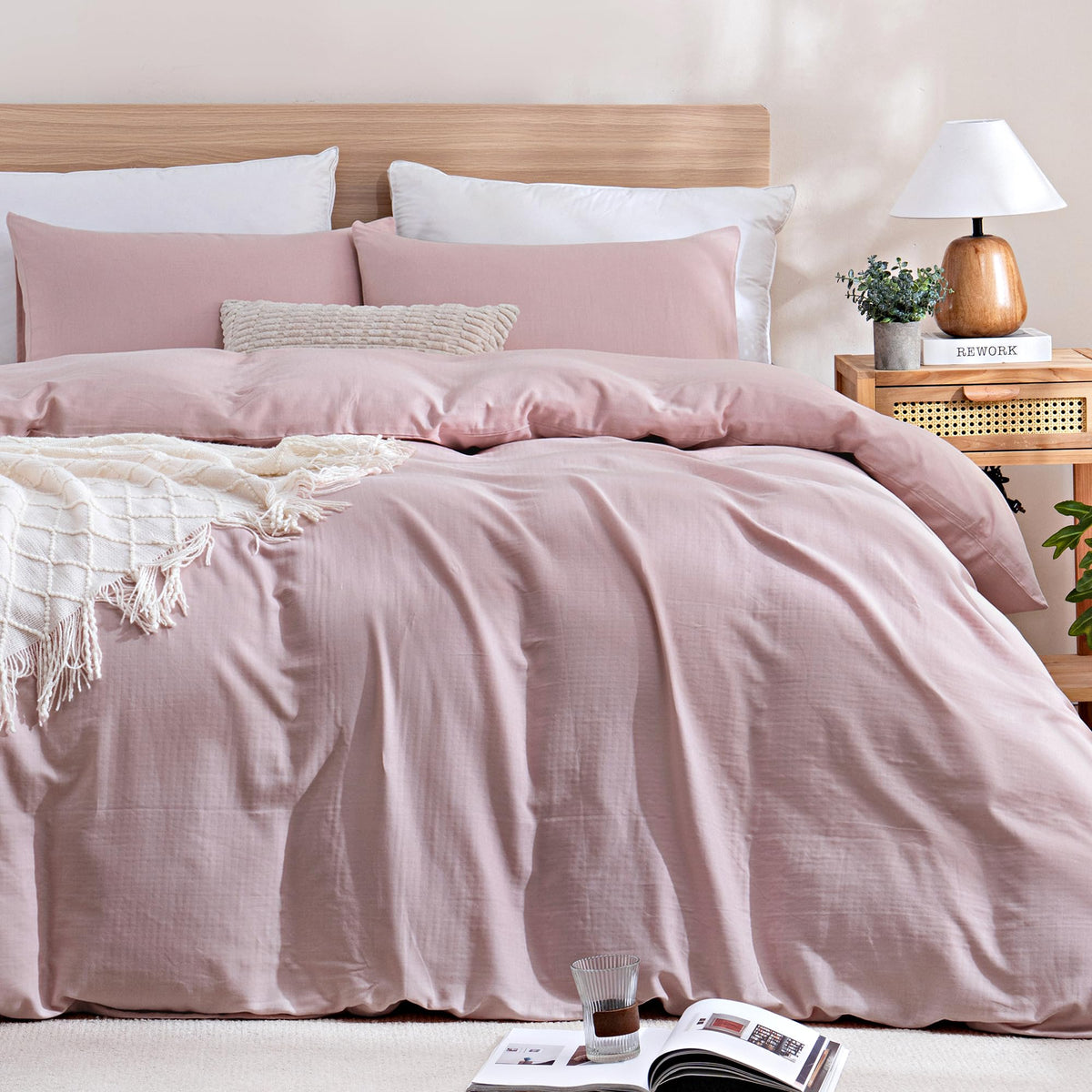 TOCOMOA Tan Gingham Duvet Cover Set Washed Cotton Like Linen, Cal King