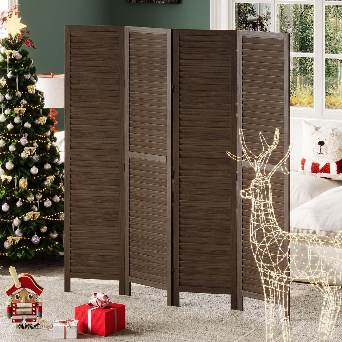 Room Dividers and Folding Privacy Screens, Wood Louvered Separators Divider Wall for Home Office Bedroom - 4 Panels, 63 * 67inch (Brown)