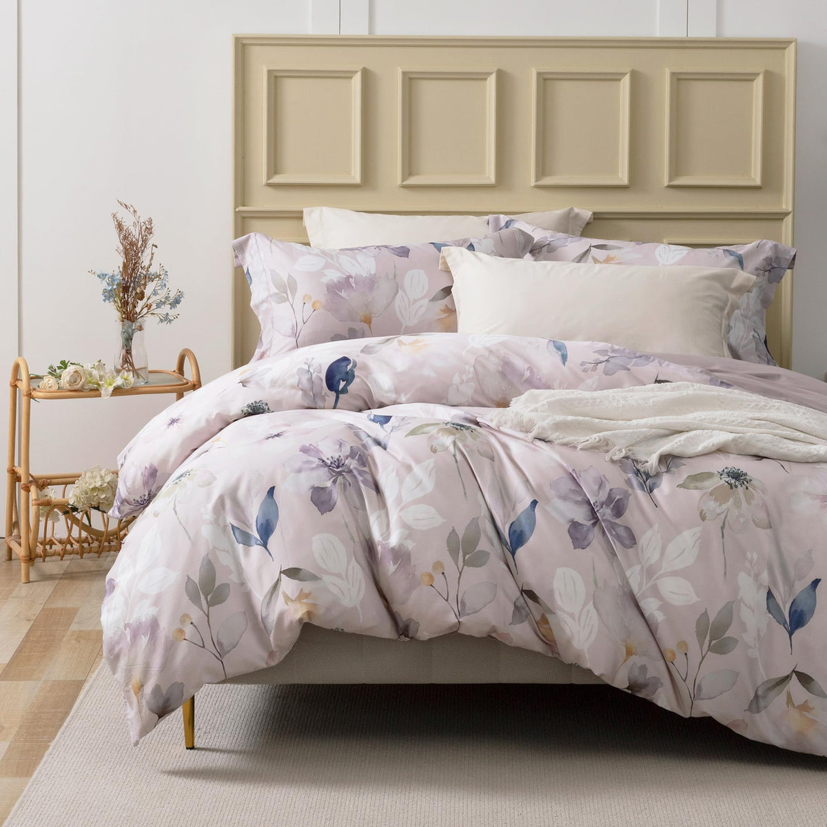 MILDLY White Floral Green Leaves Luxury Duvet Cover Set 3pcs King