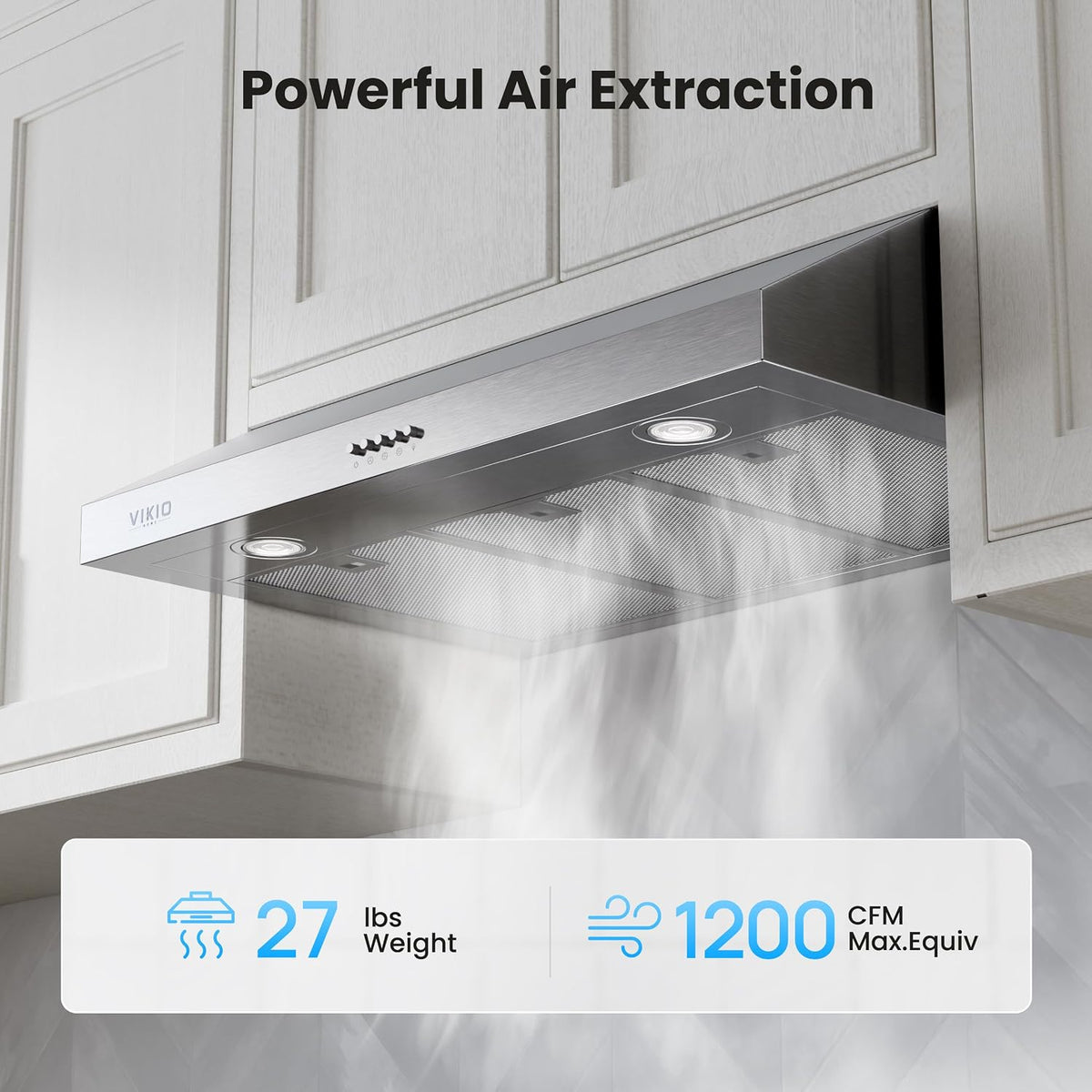 VIKIO HOME Under Cabinet Range Hood 30 Inch, 1200 CFM Dual-Motor Kitchen Vent with LED Lights, Button Control, Ducted Vent Hood, Reusable 5-Layer Aluminum Filters, Stainless Steel