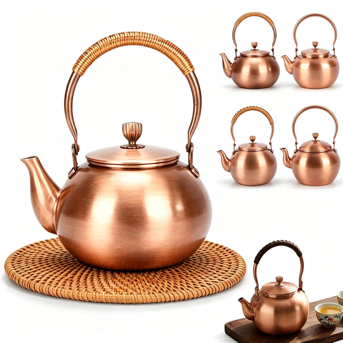 Handmade Copper Kettle 1200ML, Copper Stovetop Tea Kettle, Handmade Solid Copper Teapot with Stay-Cool Grip, Fast Boiling Gas Stove for Tea Ceremony Home Kitchen Use (1.1L-B)